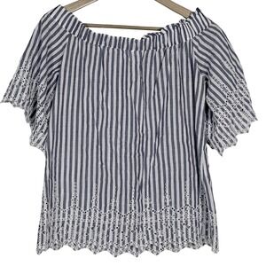 HM Blue White Striped Off Shoulder Eyelet Lace Boho Top US 4